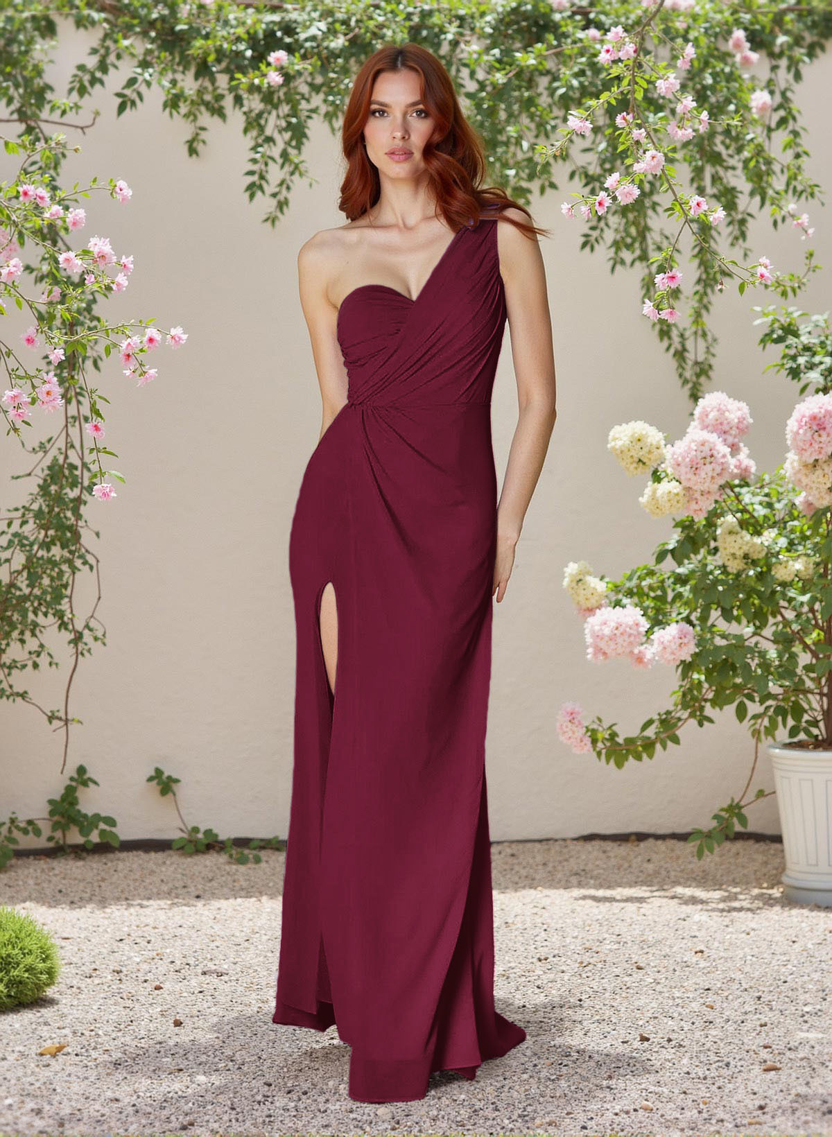 Flattering One-Shoulder Sleeveless Bridesmaid Dresses Chiffon With High Split, product image 56