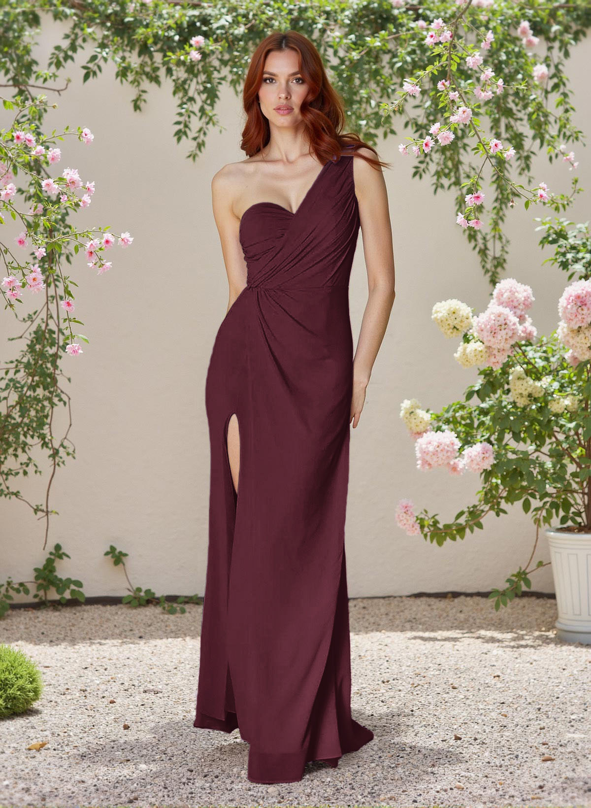 Flattering One-Shoulder Sleeveless Bridesmaid Dresses Chiffon With High Split, product image 57