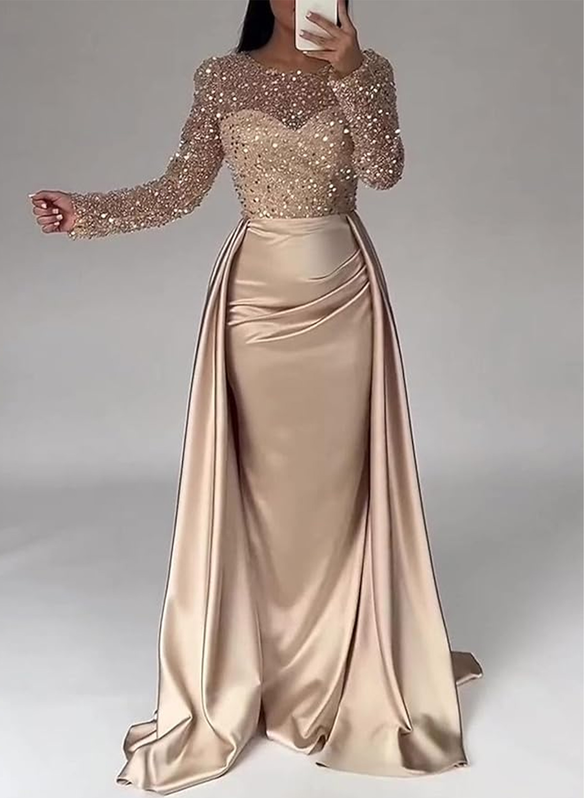 Sparkly Semi Sheer Illusion Sleeves Bedazzled Sweetheart Evening Dresses With Overskirt