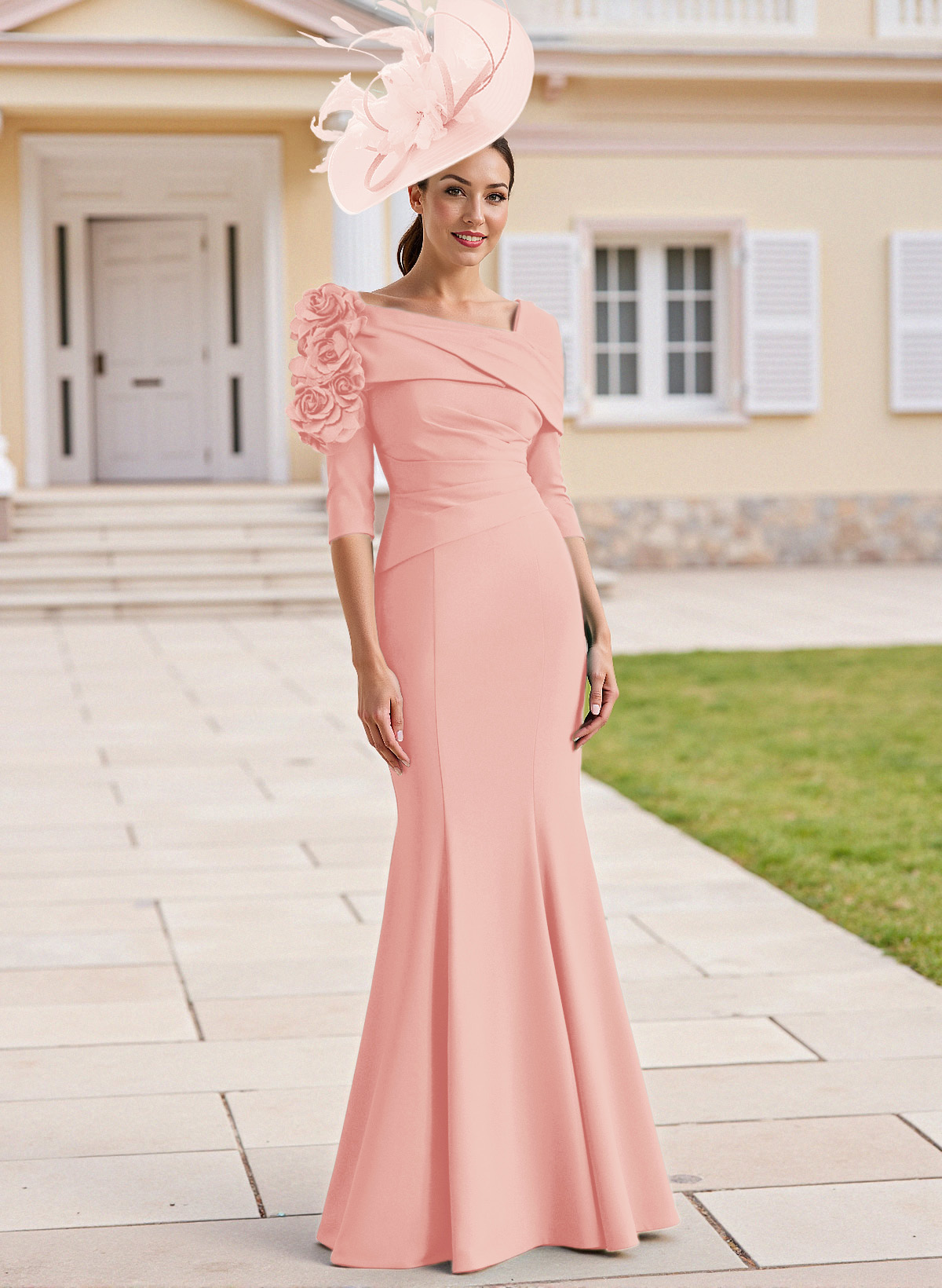 Flattering Asymmetrical Flower(s) Neckline Mermaid Elastic Satin Mother Of The Bride Dresses