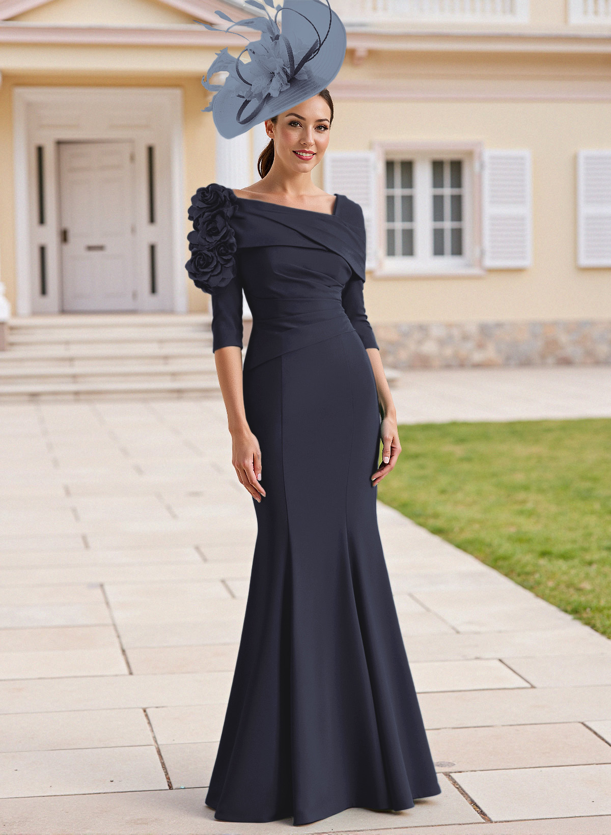 Flattering Asymmetrical Flower(s) Neckline Mermaid Elastic Satin Mother Of The Bride Dresses