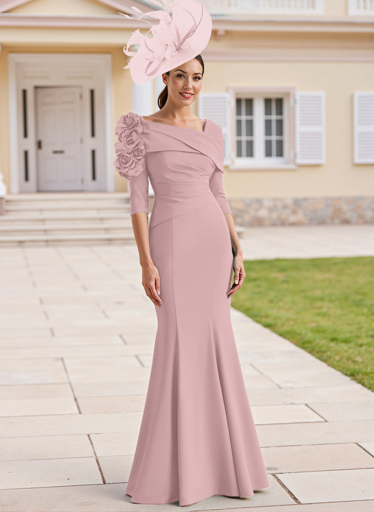 Flattering Asymmetrical Flower(s) Neckline Mermaid Elastic Satin Mother Of The Bride Dresses