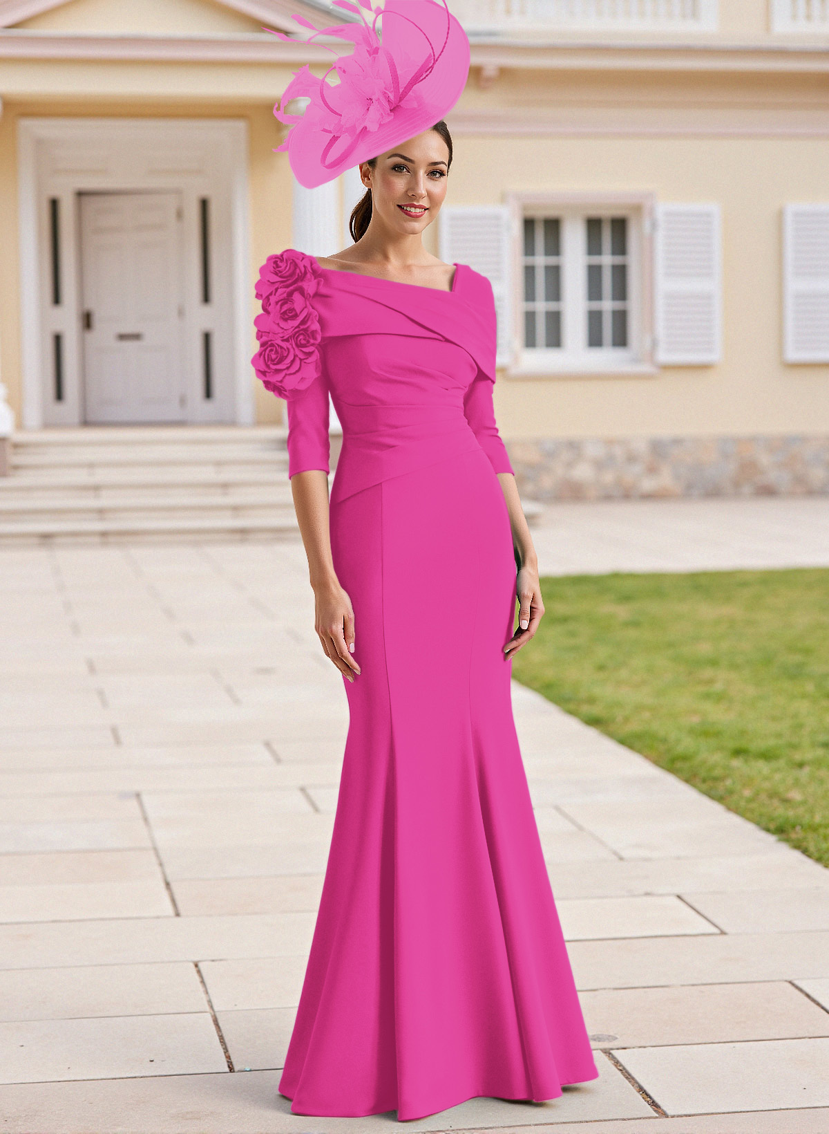 Flattering Asymmetrical Flower(s) Neckline Mermaid Elastic Satin Mother Of The Bride Dresses