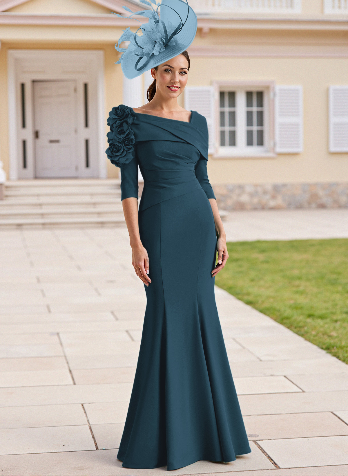 Flattering Asymmetrical Flower(s) Neckline Mermaid Elastic Satin Mother Of The Bride Dresses