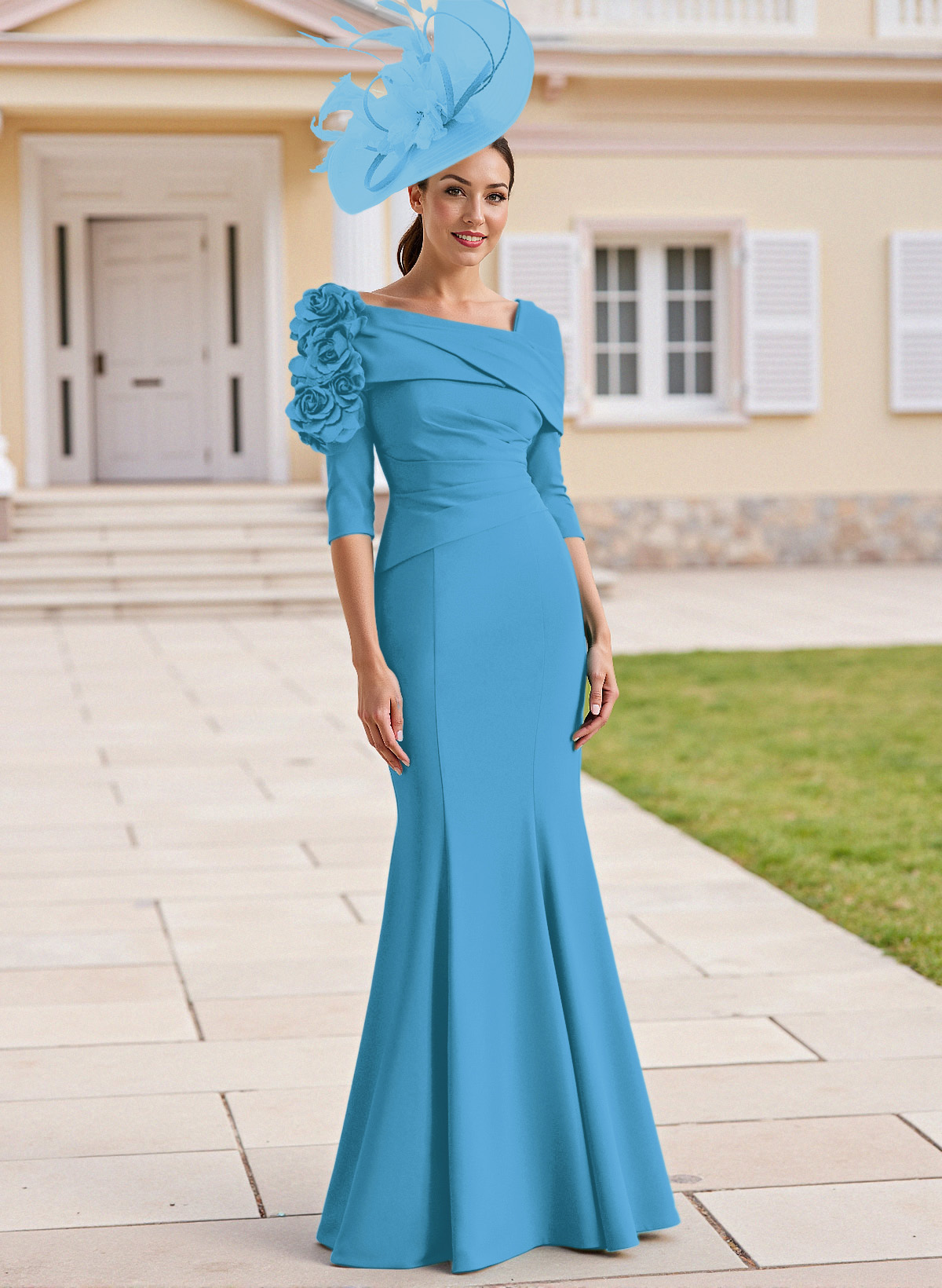 Flattering Asymmetrical Flower(s) Neckline Mermaid Elastic Satin Mother Of The Bride Dresses