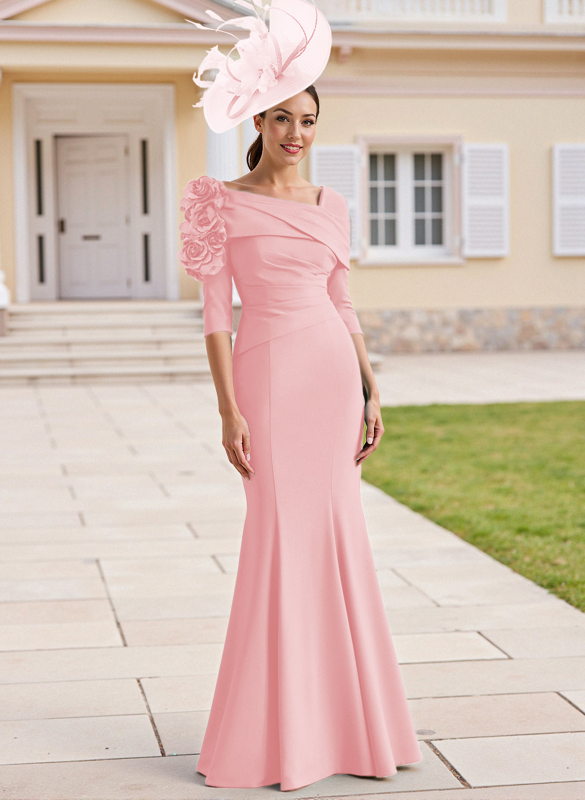 Flattering Asymmetrical Flower(s) Neckline Mermaid Elastic Satin Mother Of The Bride Dresses