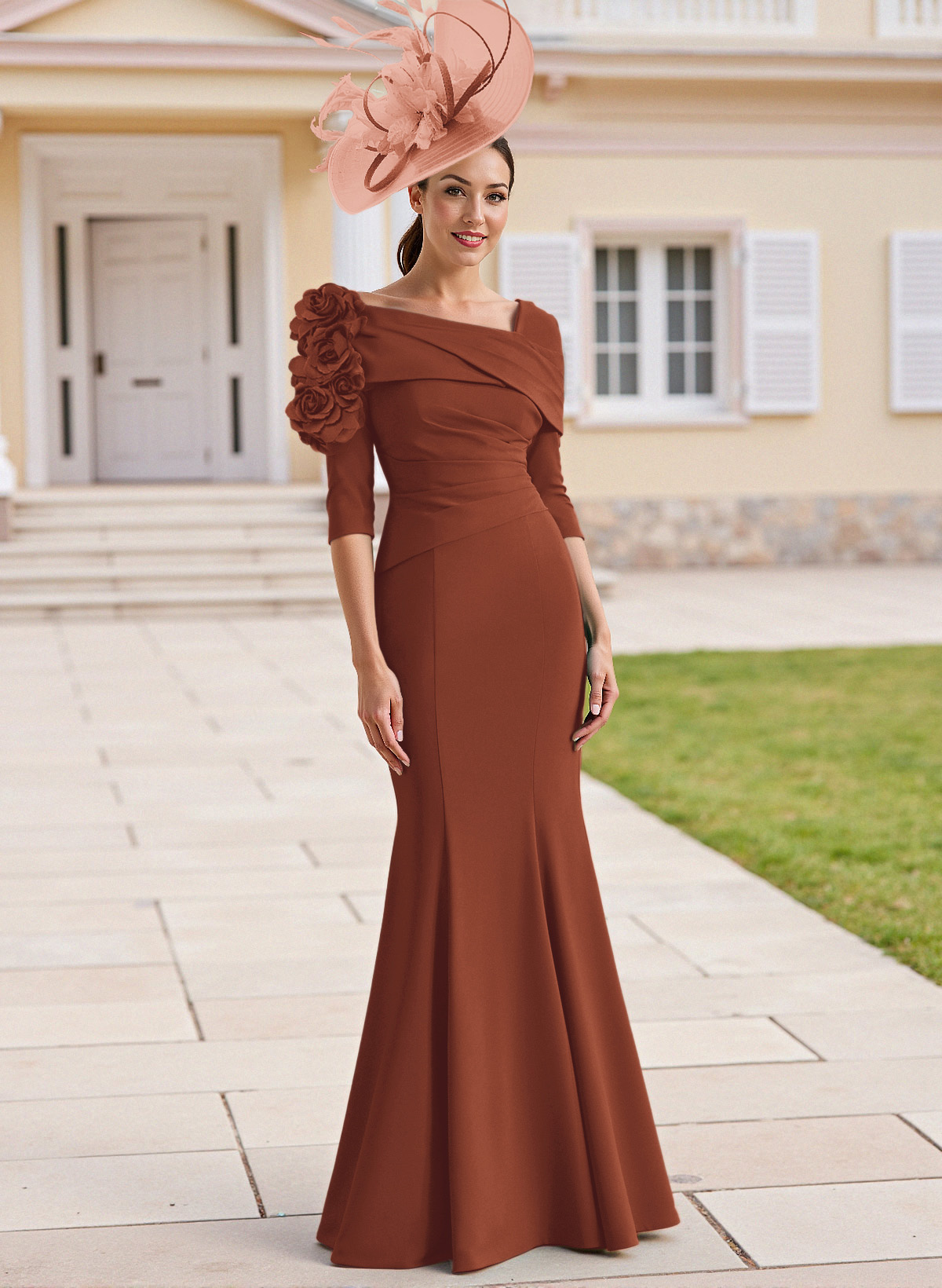 Flattering Asymmetrical Flower(s) Neckline Mermaid Elastic Satin Mother Of The Bride Dresses