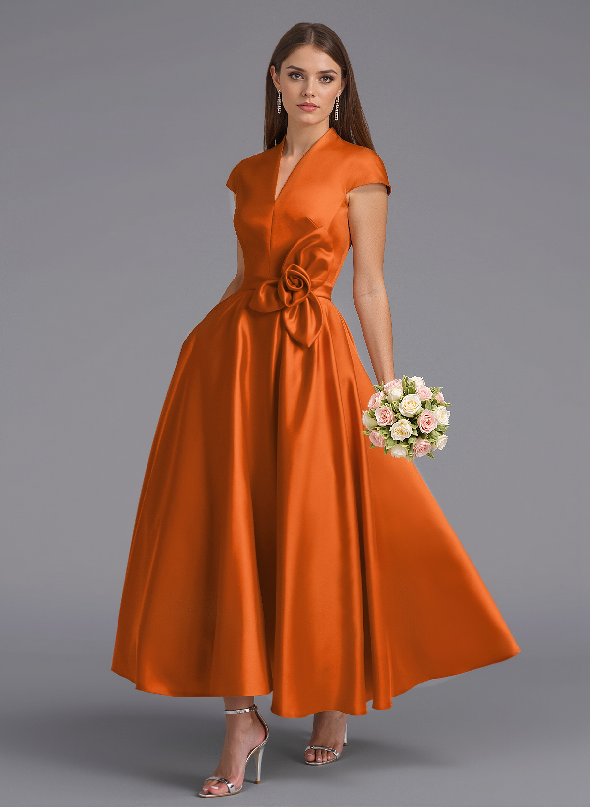 Classic V-Neck Short Sleeves Flower(s) A-Line Ankle-Length Satin Bridesmaid Dresses With Pockets, product image 1