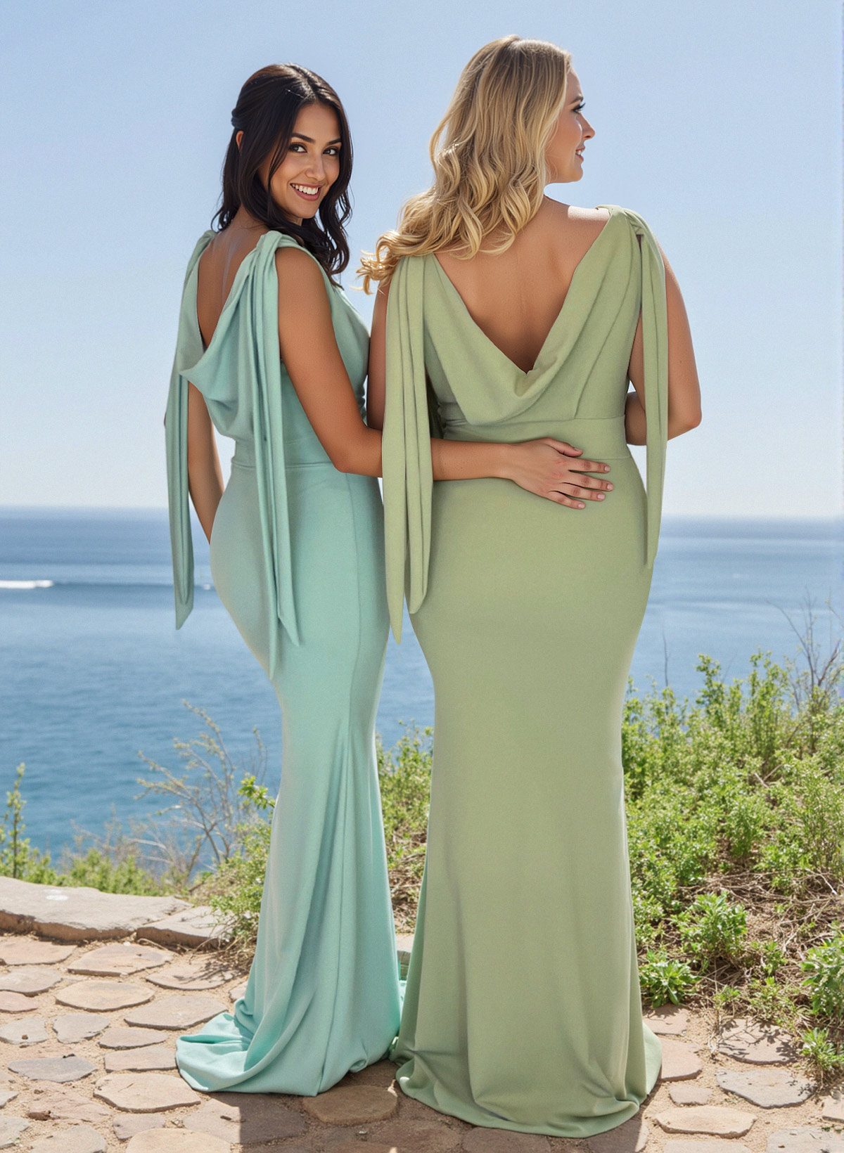 Elegant Cowl Neck Cowl Back Sweep Train Elastic Satin Bridesmaid Dresses, image 2
