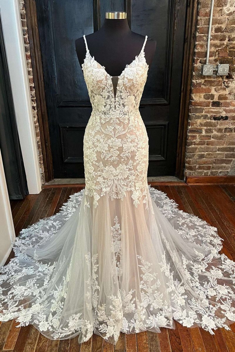 Off White Appliques Backless Mermaid Long Wedding Dresses