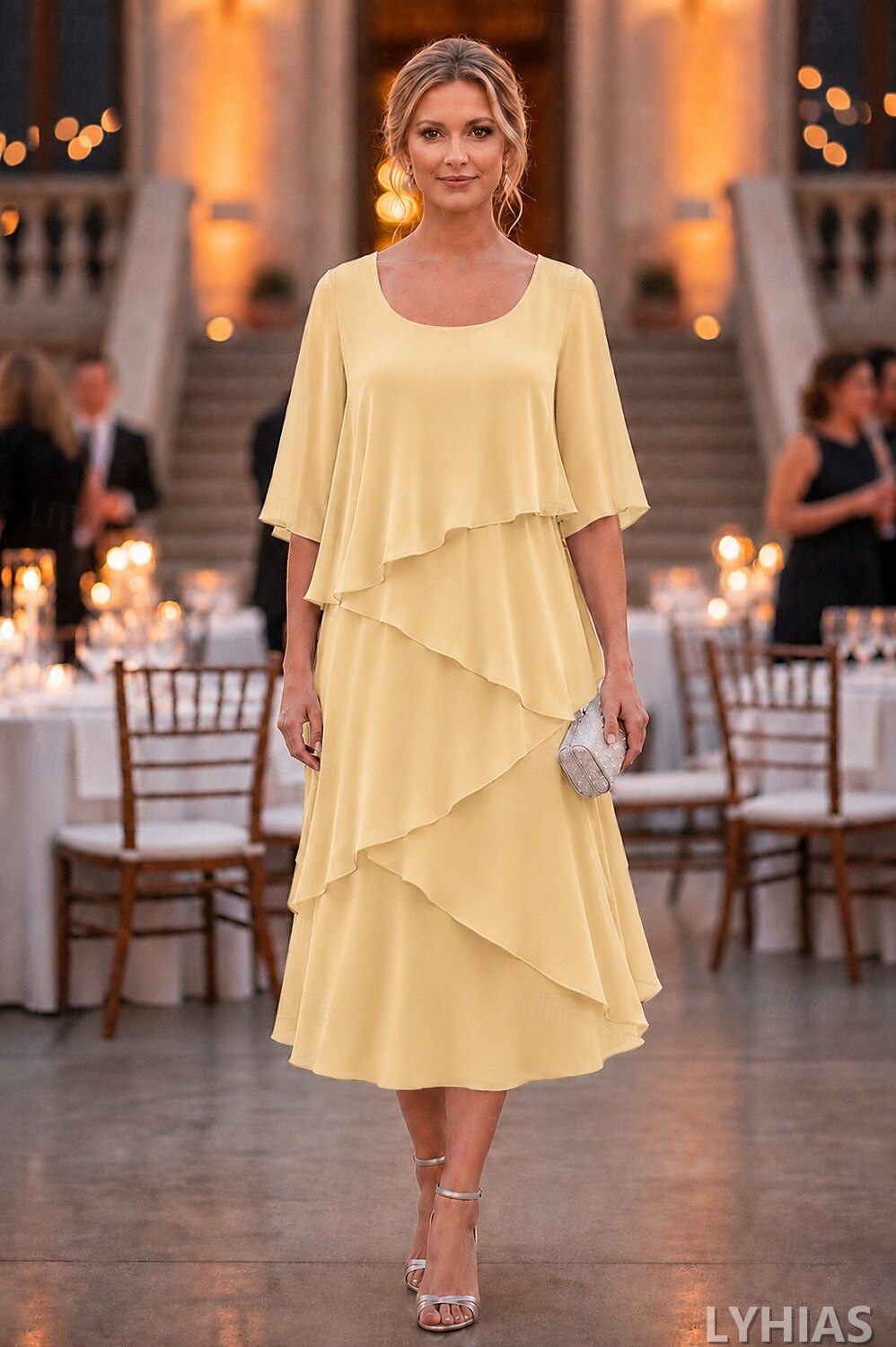 A-Line Mother of the Bride Dresses Ankle Length with Ruffles Half Sleeve Scoop Neck Chiffon Elegant