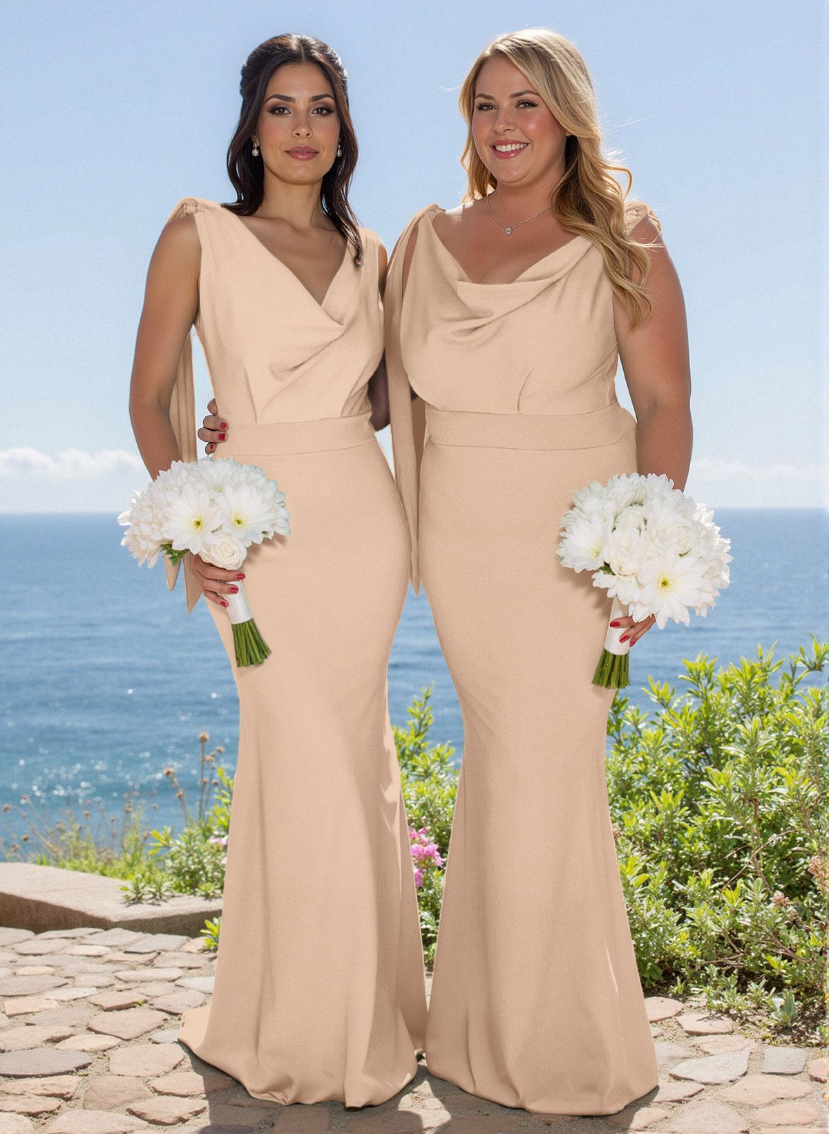Elegant Cowl Neck Cowl Back Sweep Train Elastic Satin Bridesmaid Dresses, image 13