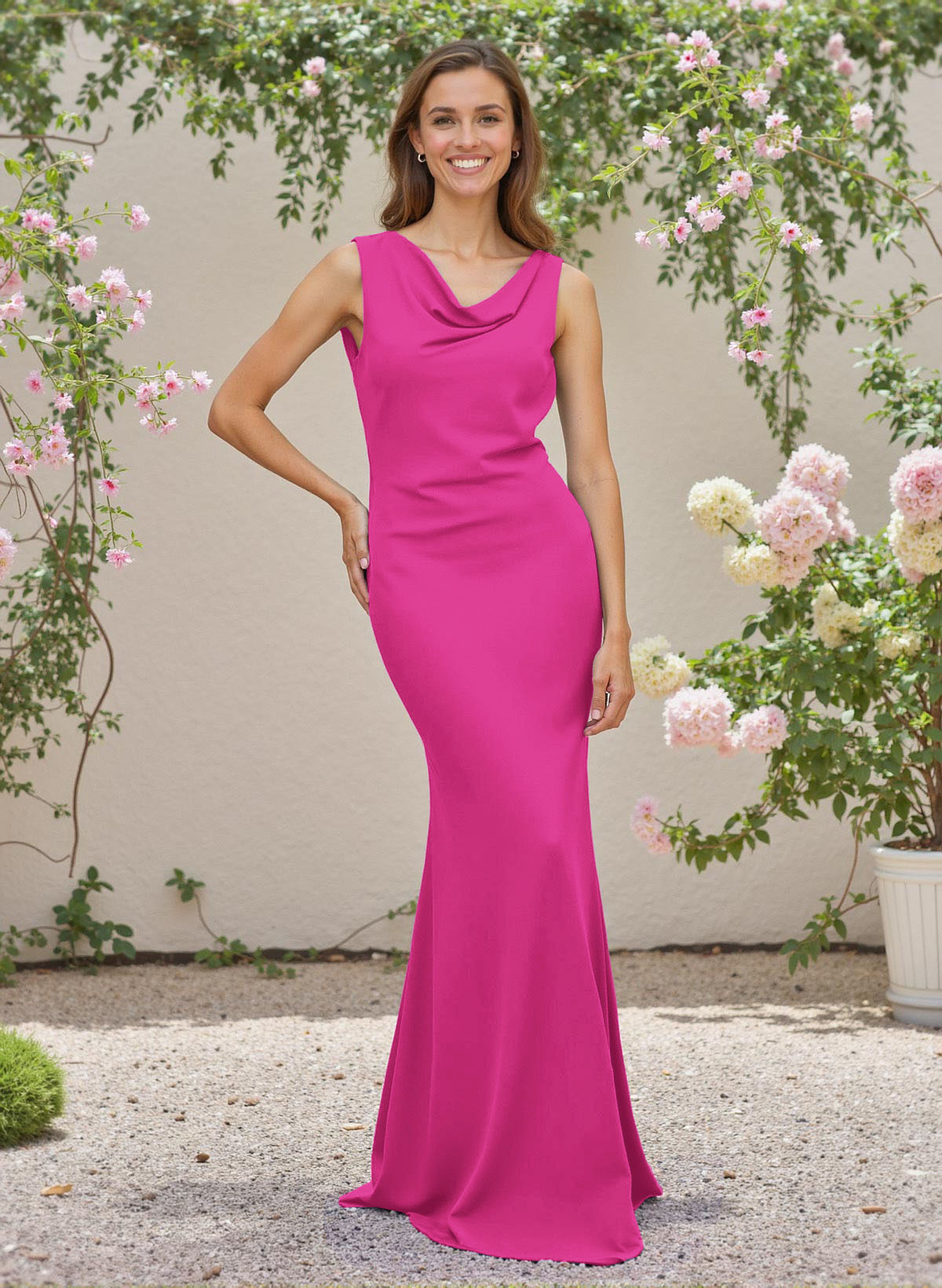 Simple Cowl Neck Cowl Back Floor-Length Elastic Satin Bridesmaid Dresses, image 13