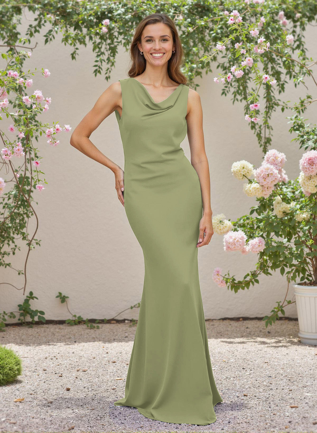 Simple Cowl Neck Cowl Back Floor-Length Elastic Satin Bridesmaid Dresses, image 7