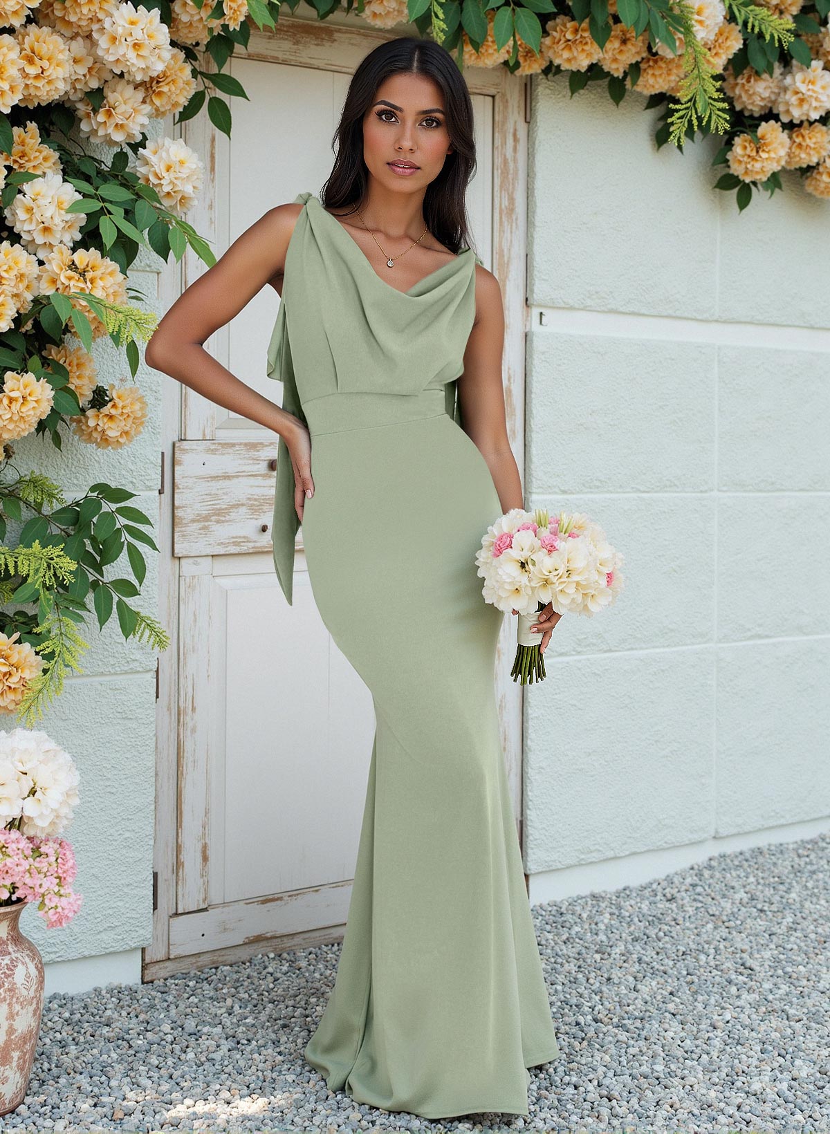 Cowl Neck Sleeveless Floor-Length Bridesmaid Dresses in Celadon, US2