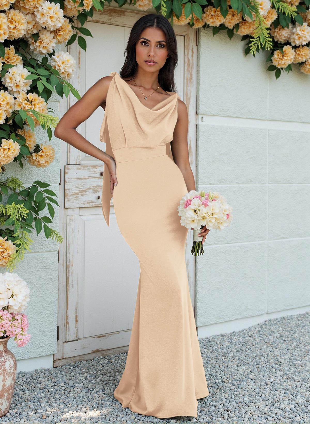 Cowl Neck Sleeveless Floor-Length Bridesmaid Dresses, image 5