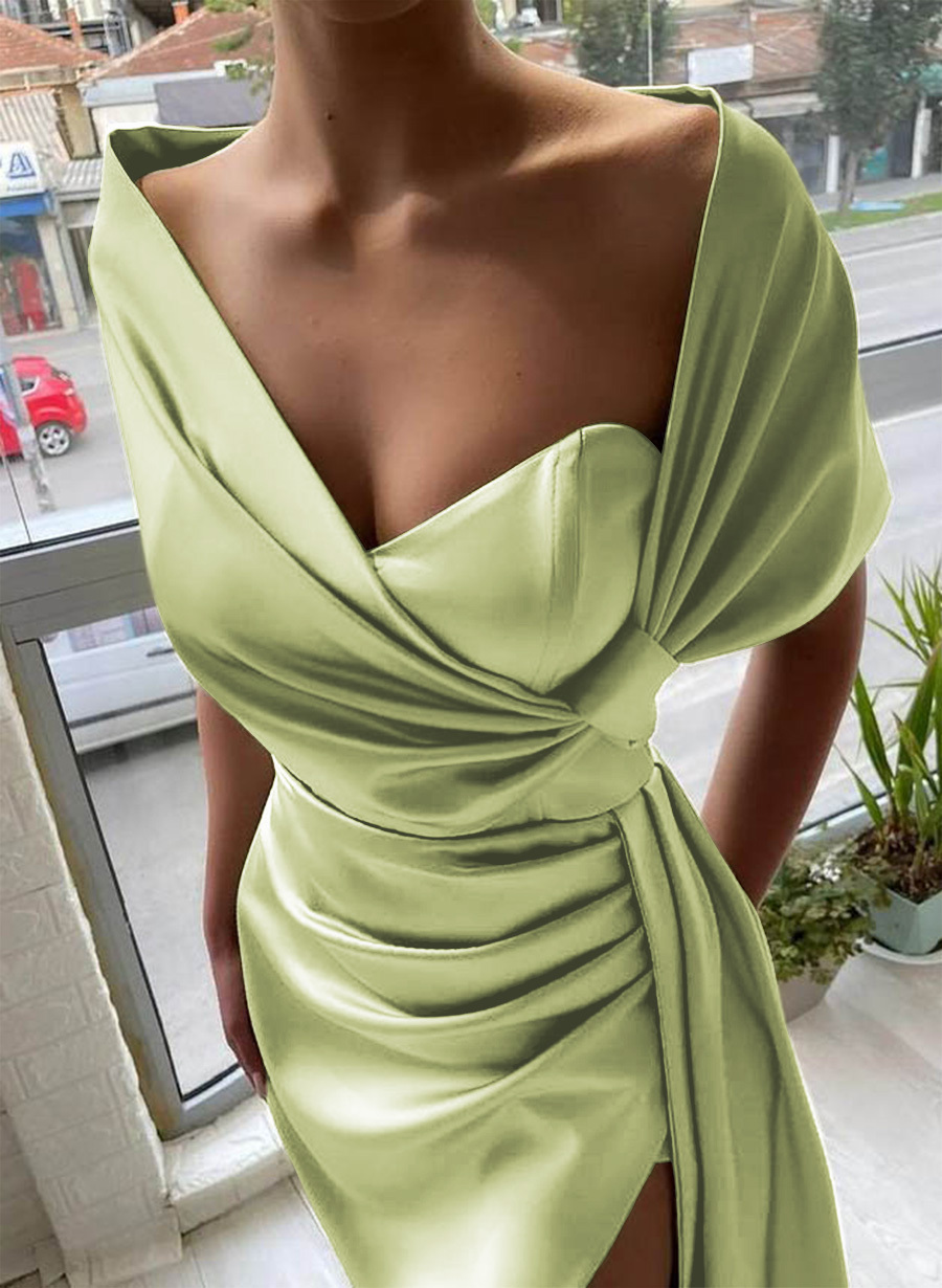 Whimsical Bow Wrap Asymmetric Silk Like Satin Bridesmaid Dresses With Front Slit, product image 200