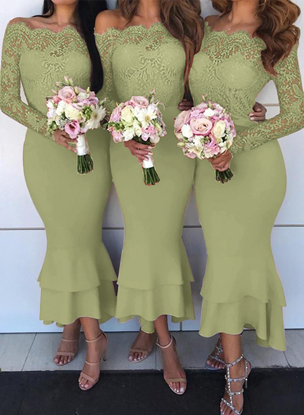 Trumpet/Mermaid Off-The-Shoulder Long Sleeves Lace/Satin Bridesmaid Dresses, product image 58