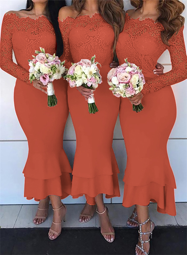Trumpet/Mermaid Off-The-Shoulder Long Sleeves Lace/Satin Bridesmaid Dresses, product image 60