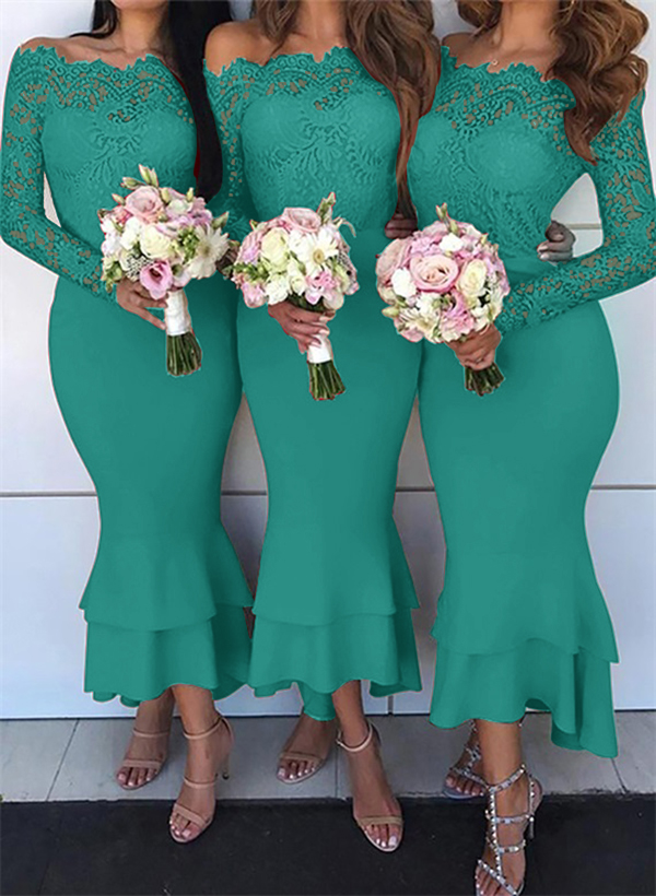 Trumpet/Mermaid Off-The-Shoulder Long Sleeves Lace/Satin Bridesmaid Dresses, product image 59