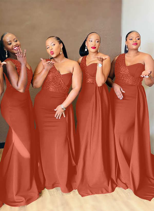 Sheath/Column One-Shoulder Elastic Satin Bridesmaid Dresses With Sequins, product image 64