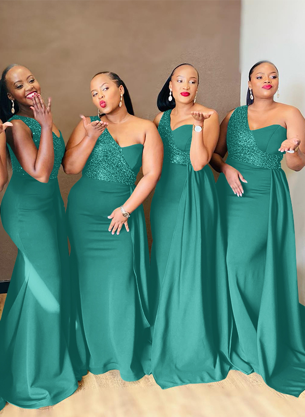 Sheath/Column One-Shoulder Elastic Satin Bridesmaid Dresses With Sequins, product image 63