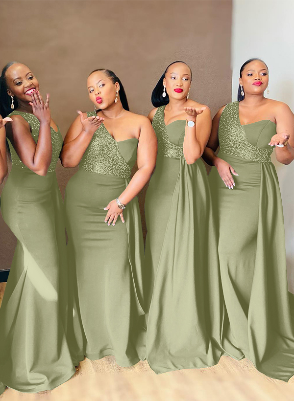 Sheath/Column One-Shoulder Elastic Satin Bridesmaid Dresses With Sequins, product image 62