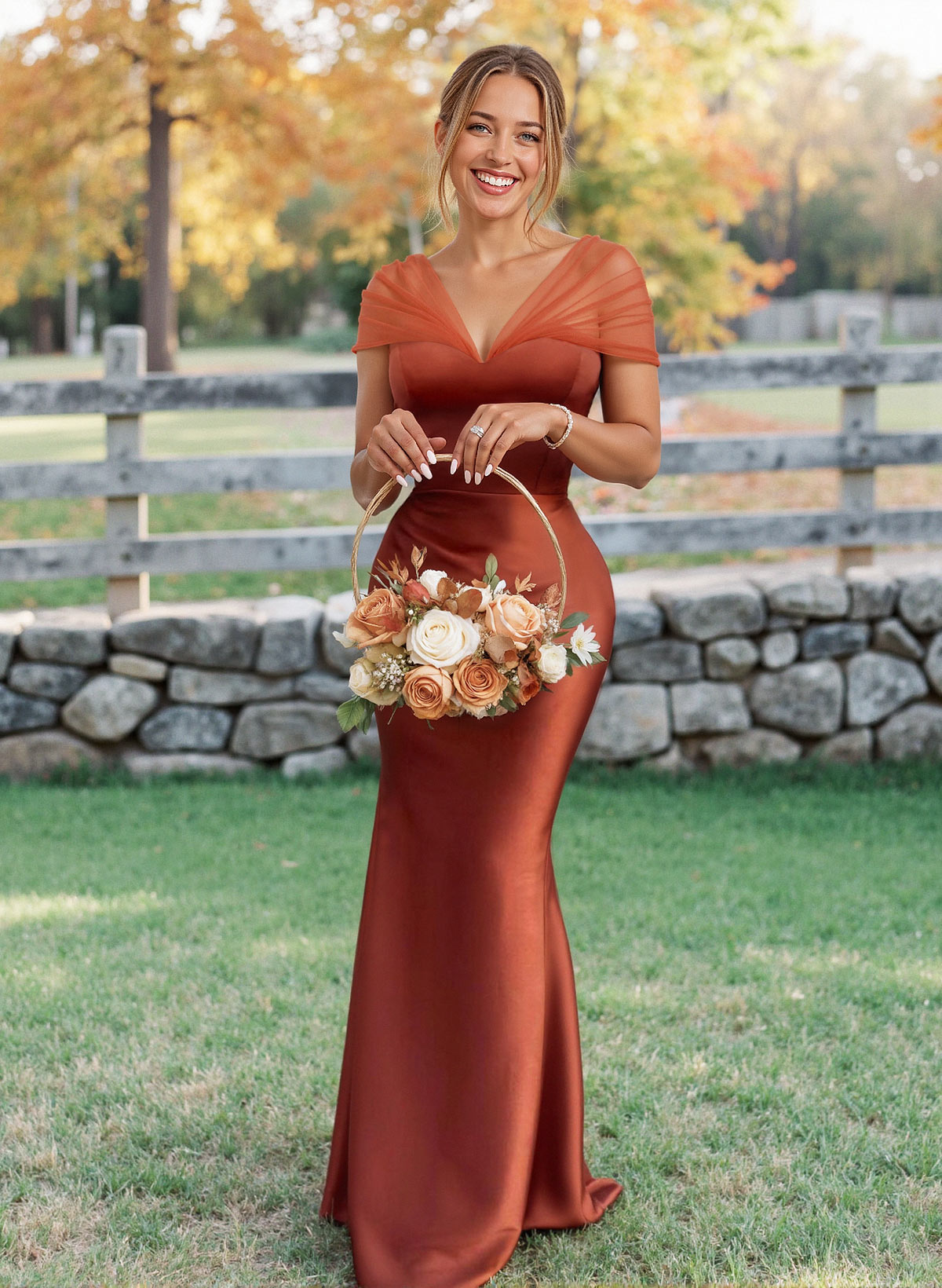 Elegant V-Neck Floor-Length Mermaid Satin/Tulle Bridesmaid Dresses, product image 2