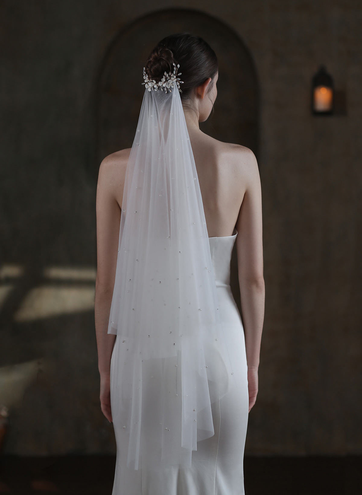 Two-Tier Tulle Rhinestones Faux Pearl Ivory Comb Fingertip Bridal Veils