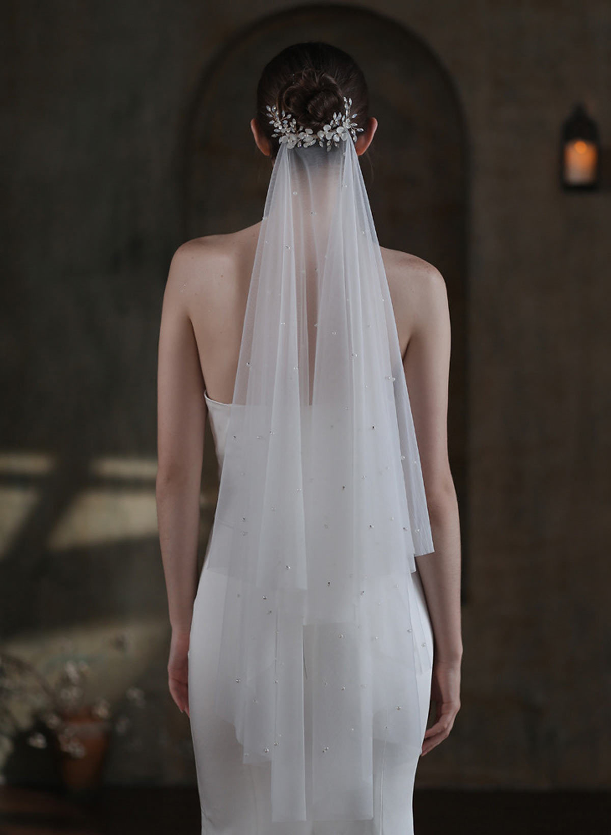 Two-Tier Tulle Rhinestones Faux Pearl Ivory Comb Fingertip Bridal Veils
