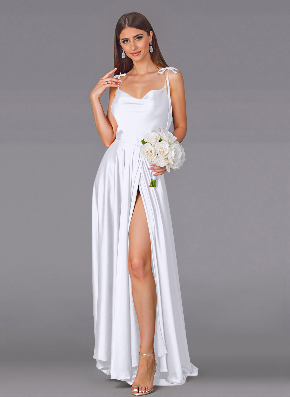 Classy Cowl Neck High Split A-Line Sweep Train Silk Like Satin Bridesmaid Dresses