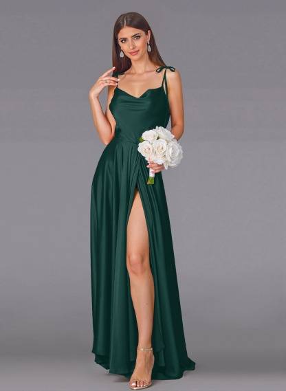 Classy Cowl Neck High Split A-Line Sweep Train Silk Like Satin Bridesmaid Dresses