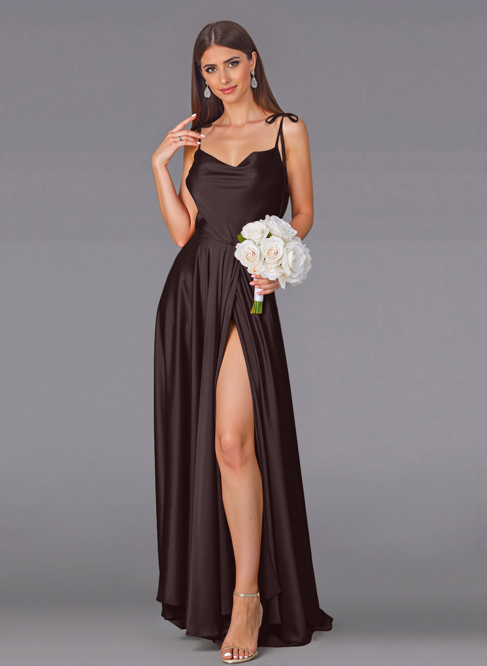 Classy Cowl Neck High Split A-Line Sweep Train Silk Like Satin Bridesmaid Dresses
