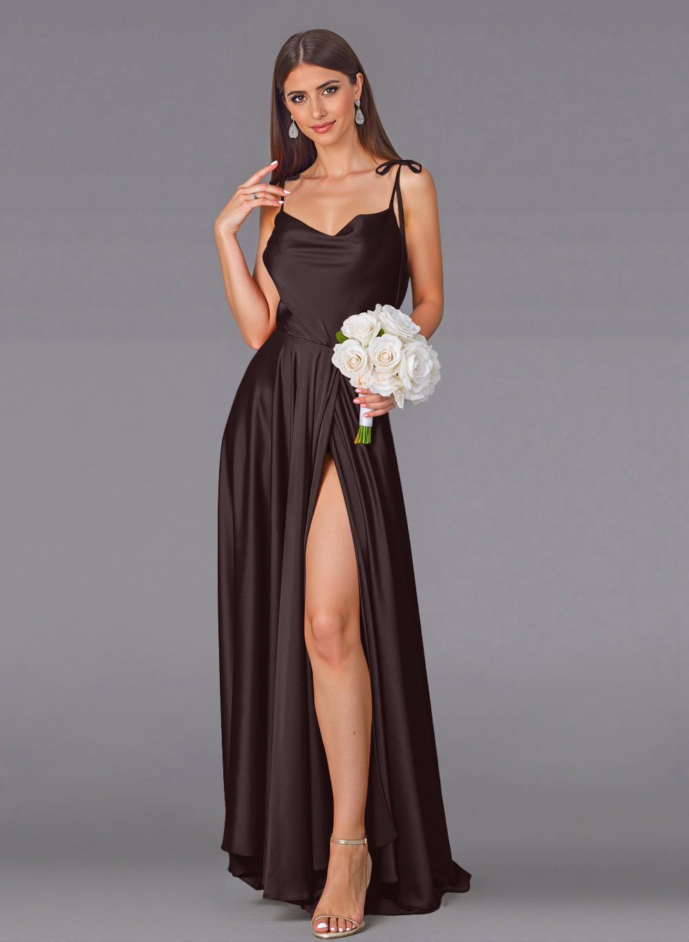 Classy Cowl Neck High Split A-Line Sweep Train Silk Like Satin Bridesmaid Dresses