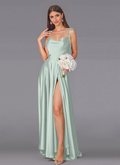 Classy Cowl Neck High Split A-Line Sweep Train Silk Like Satin Bridesmaid Dresses