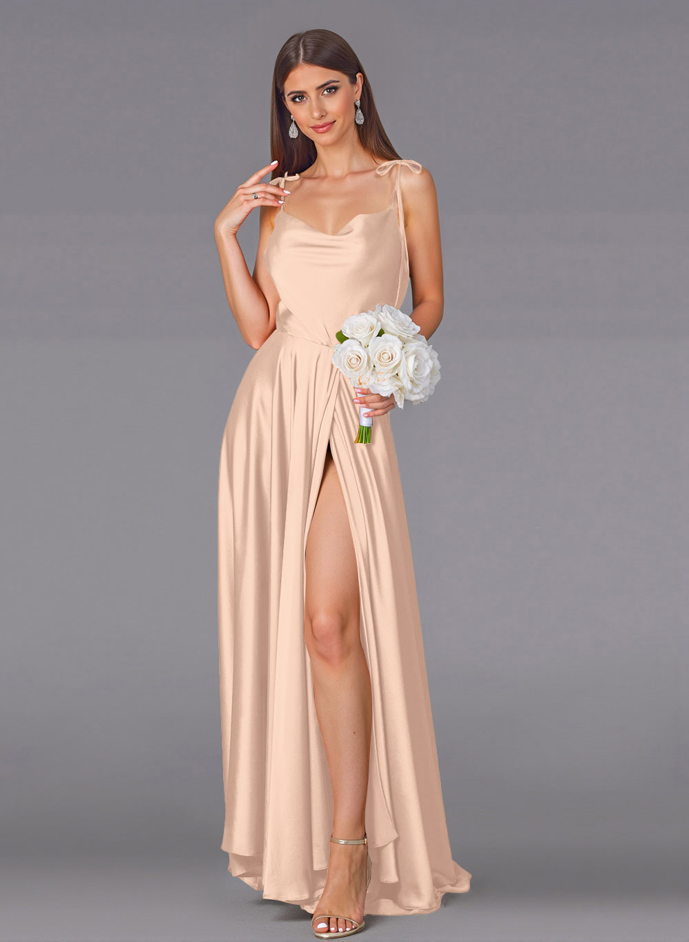 Classy Cowl Neck High Split A-Line Sweep Train Silk Like Satin Bridesmaid Dresses