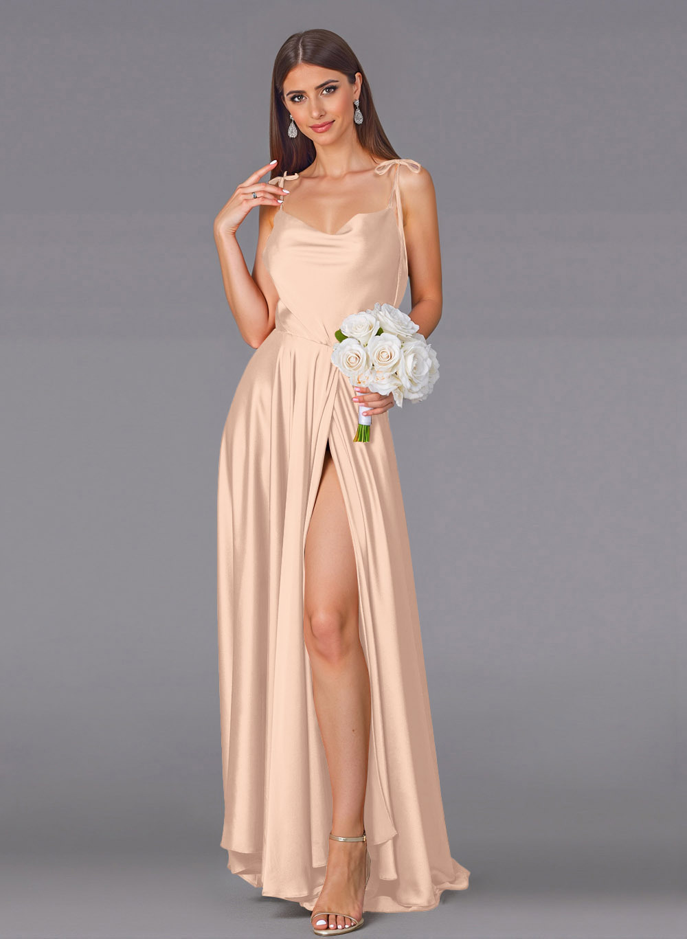 Classy Cowl Neck High Split A-Line Sweep Train Silk Like Satin Bridesmaid Dresses