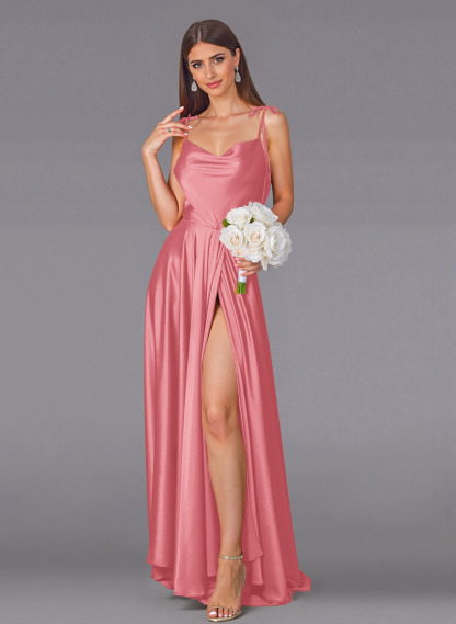 Classy Cowl Neck High Split A-Line Sweep Train Silk Like Satin Bridesmaid Dresses
