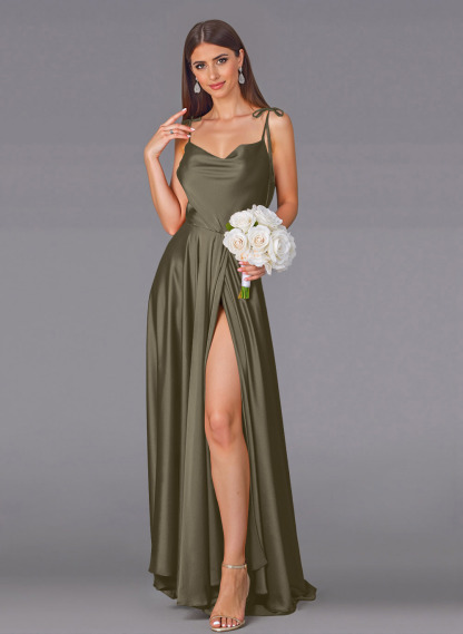 Classy Cowl Neck High Split A-Line Sweep Train Silk Like Satin Bridesmaid Dresses