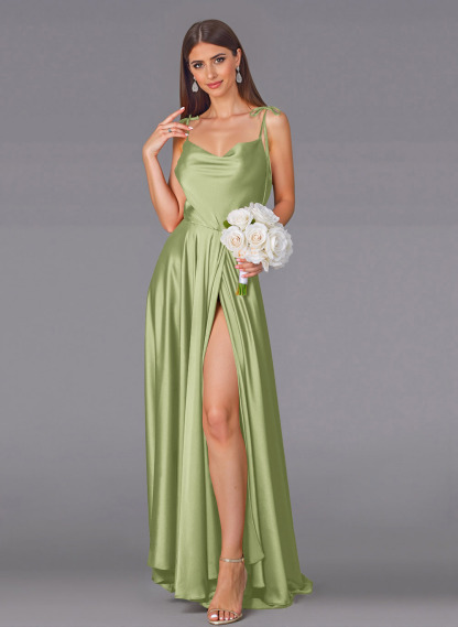 Classy Cowl Neck High Split A-Line Sweep Train Silk Like Satin Bridesmaid Dresses