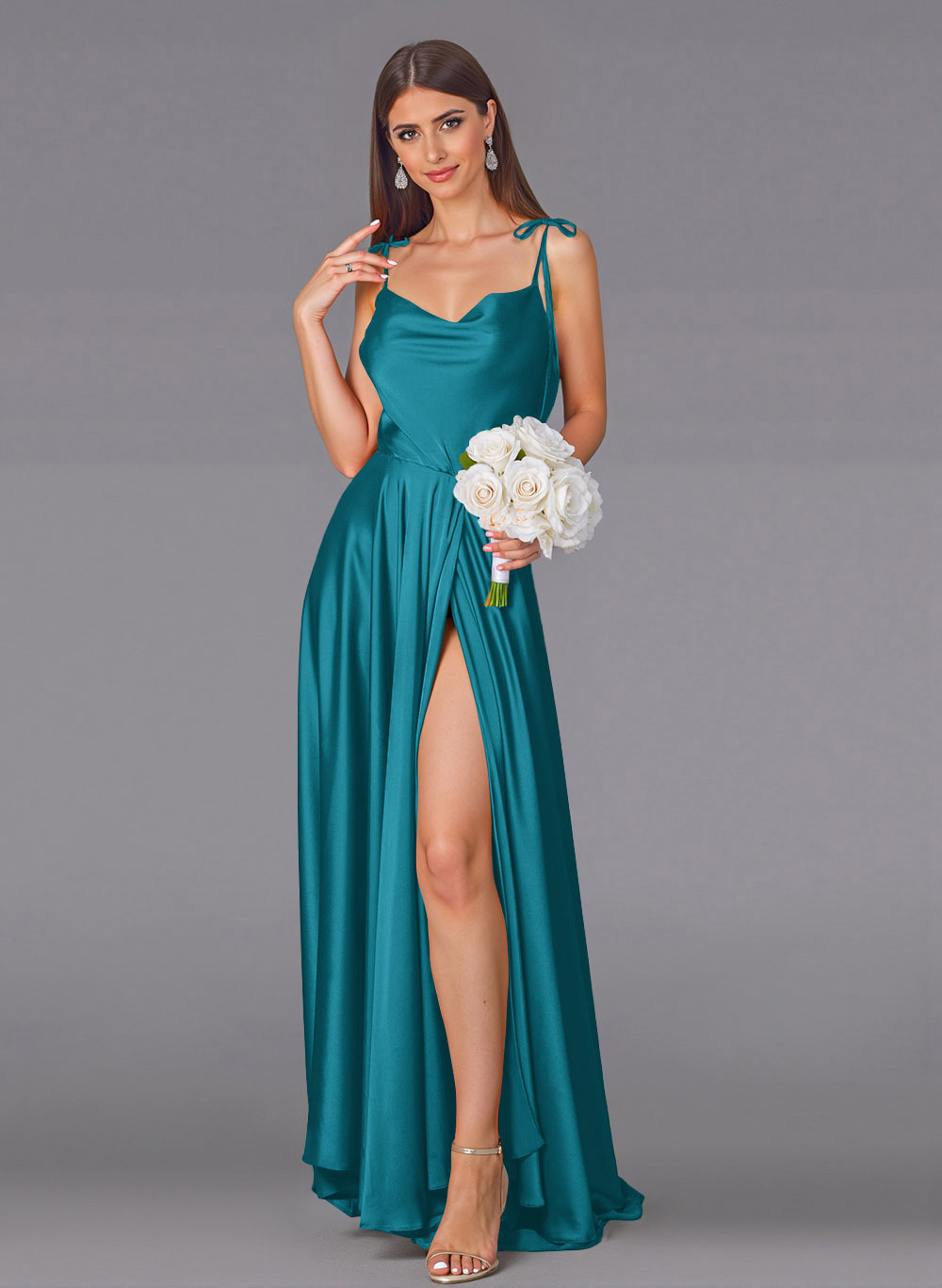Classy Cowl Neck High Split A-Line Sweep Train Silk Like Satin Bridesmaid Dresses