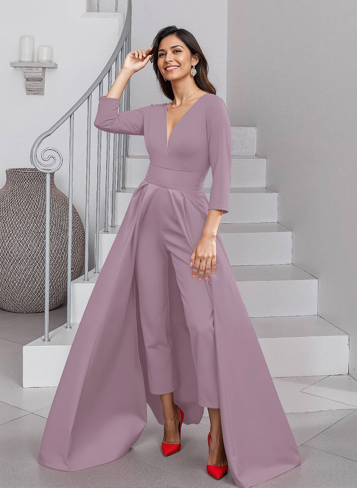 Unique V-Neck Overskirt Ankle-Length Crepe Chiffon Mother Of The Bride Dresses