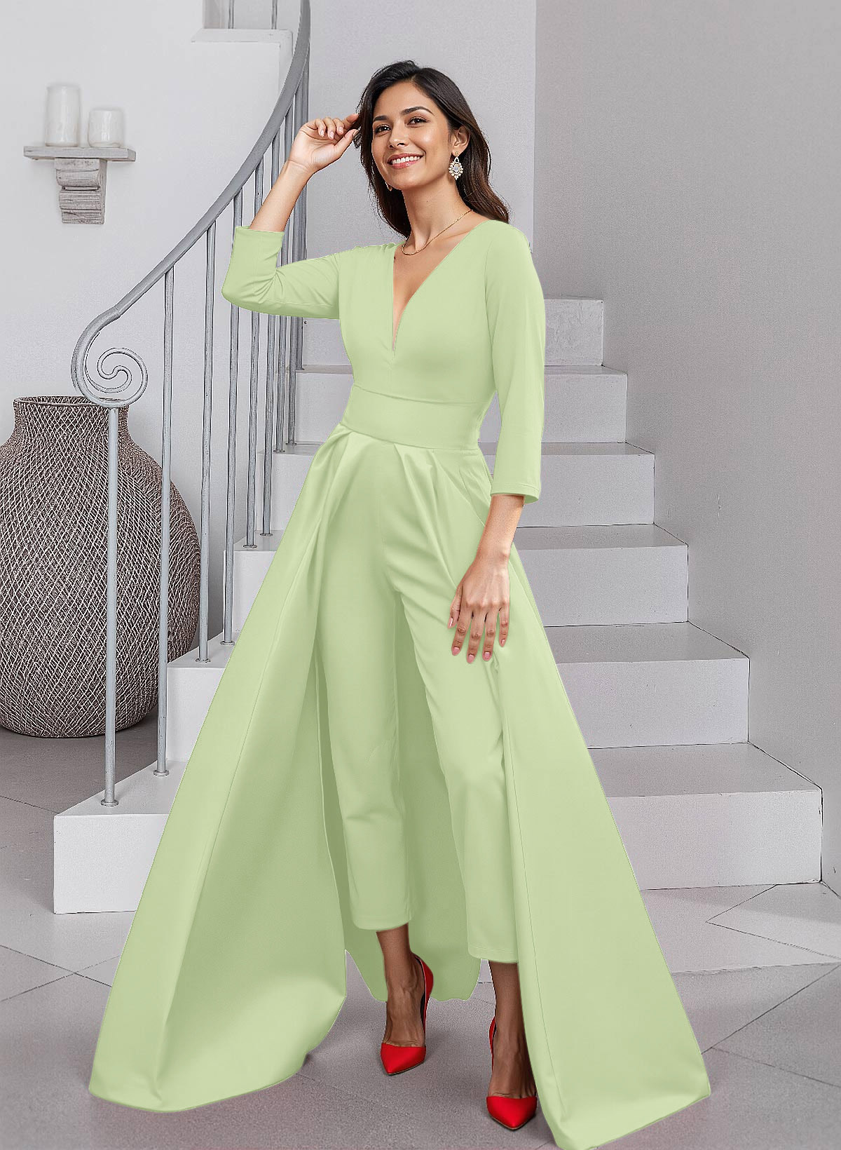 Unique V-Neck Overskirt Ankle-Length Crepe Chiffon Mother Of The Bride Dresses