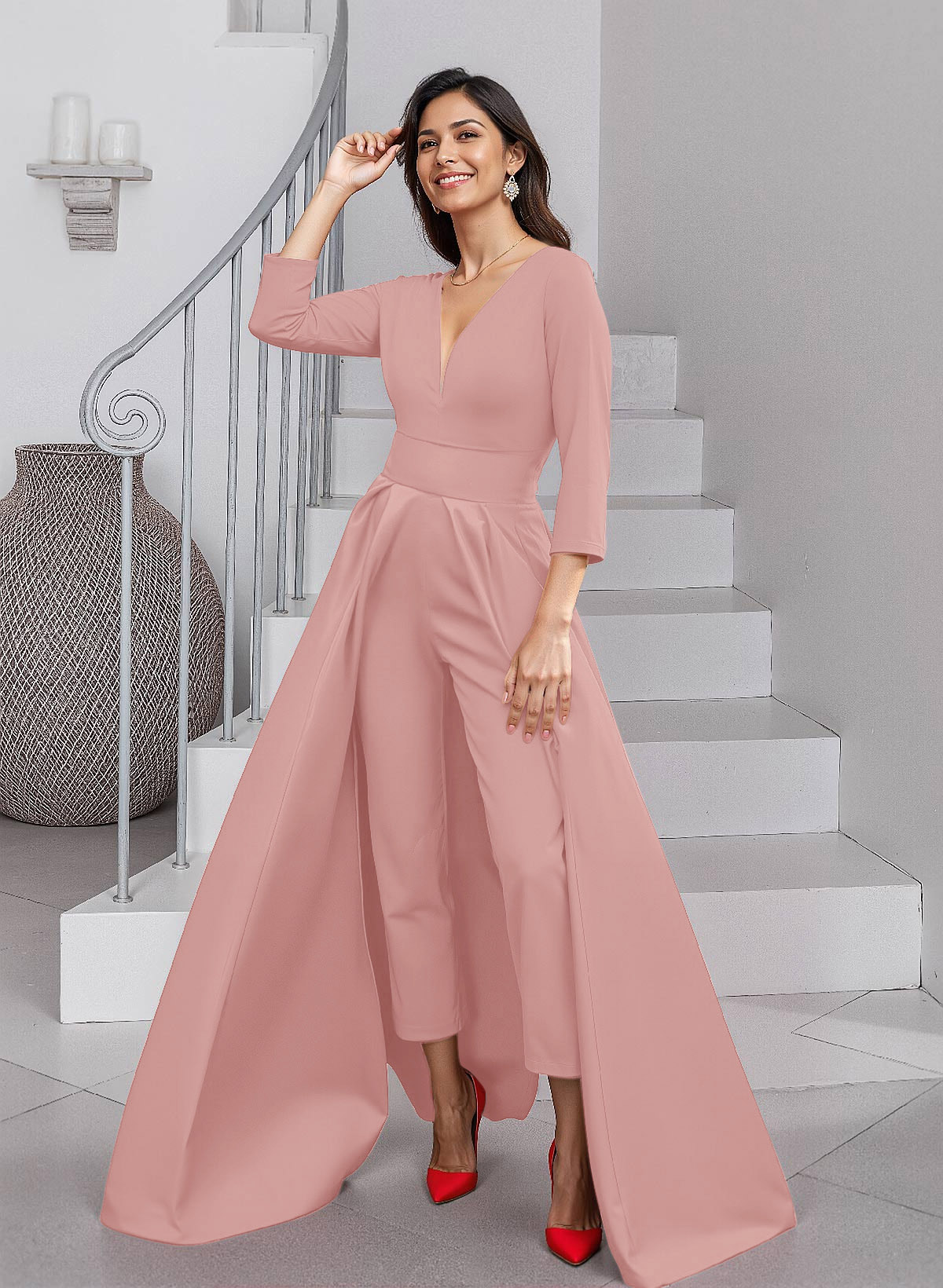 Unique V-Neck Overskirt Ankle-Length Crepe Chiffon Mother Of The Bride Dresses