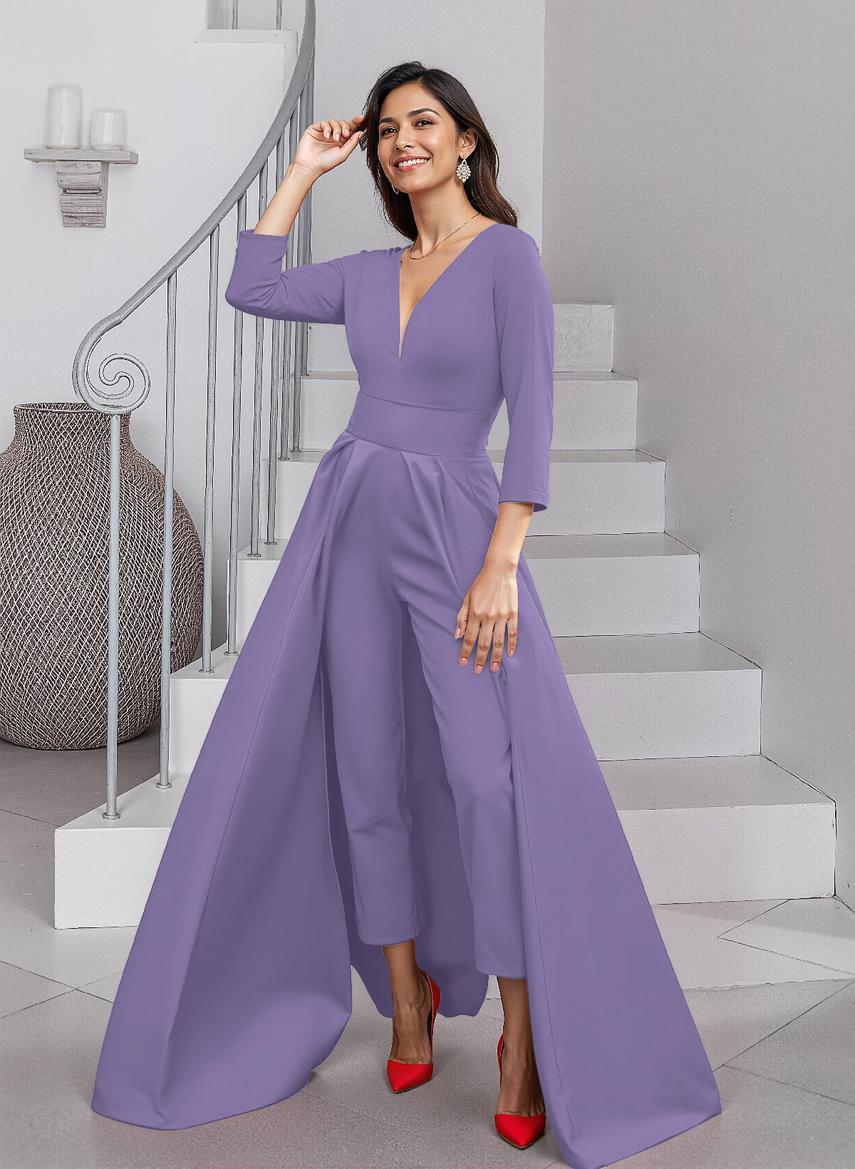 Unique V-Neck Overskirt Ankle-Length Crepe Chiffon Mother Of The Bride Dresses