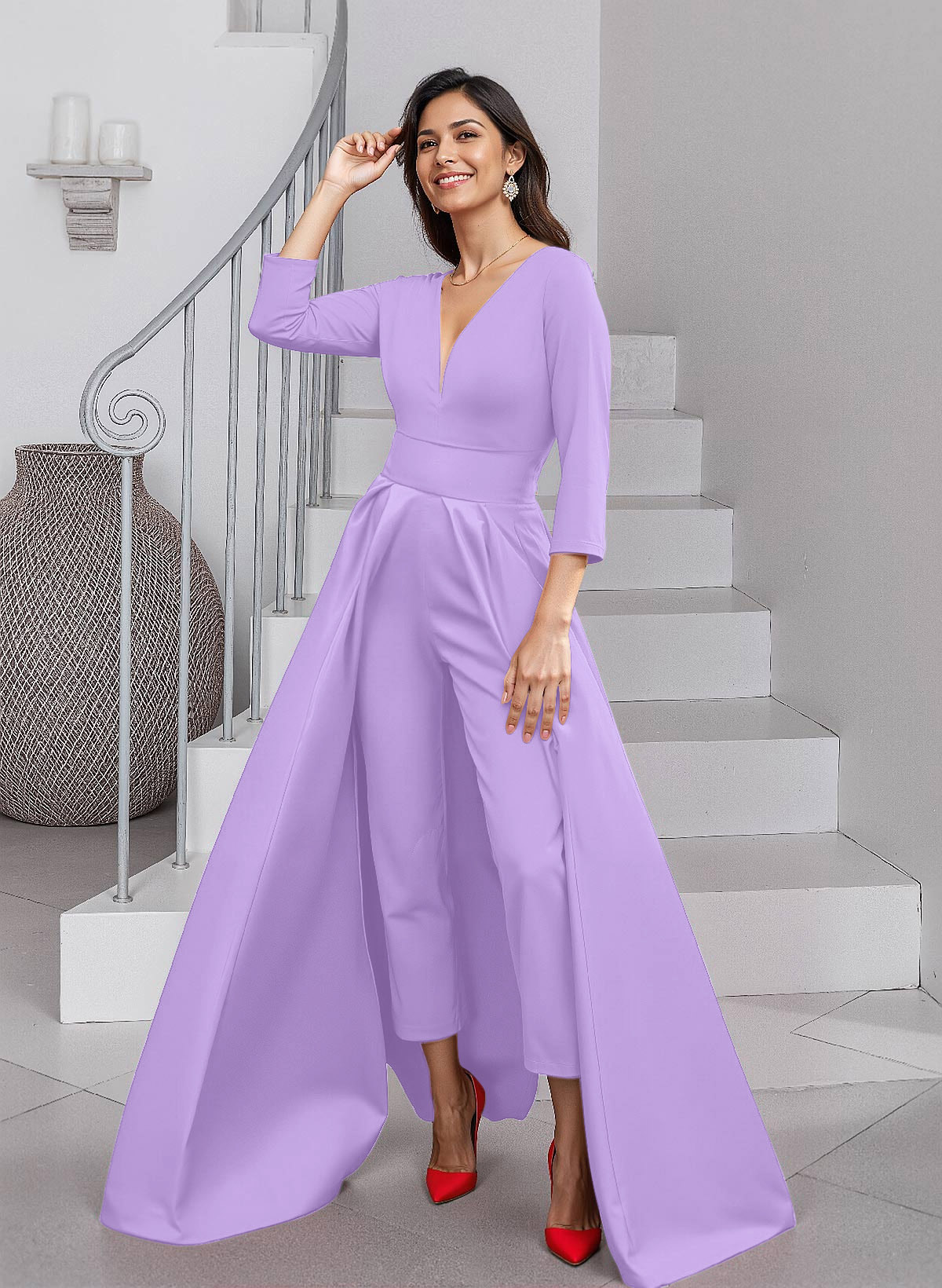 Unique V-Neck Overskirt Ankle-Length Crepe Chiffon Mother Of The Bride Dresses
