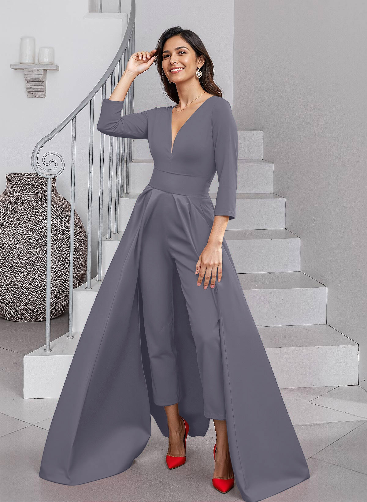 Unique V-Neck Overskirt Ankle-Length Crepe Chiffon Mother Of The Bride Dresses