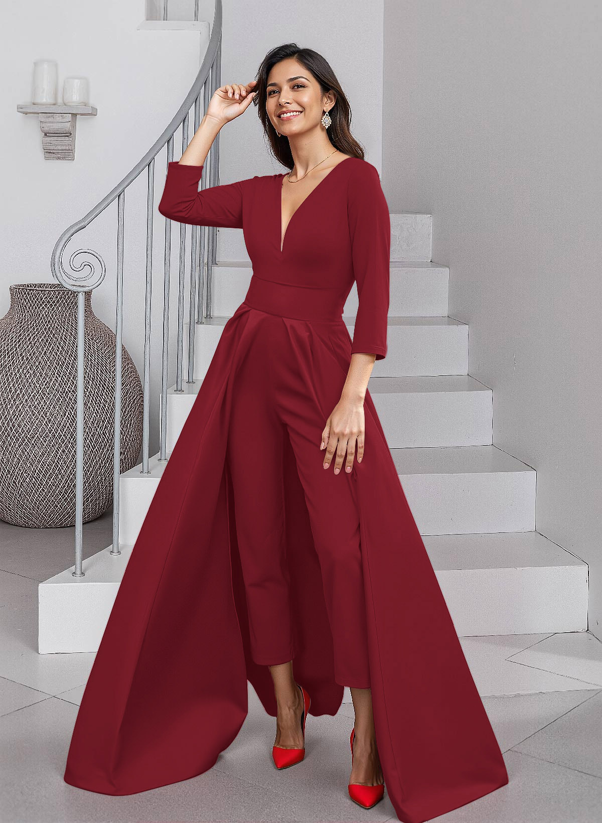 Unique V-Neck Overskirt Ankle-Length Crepe Chiffon Mother Of The Bride Dresses