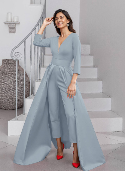 Unique V-Neck Overskirt Ankle-Length Crepe Chiffon Mother Of The Bride Dresses