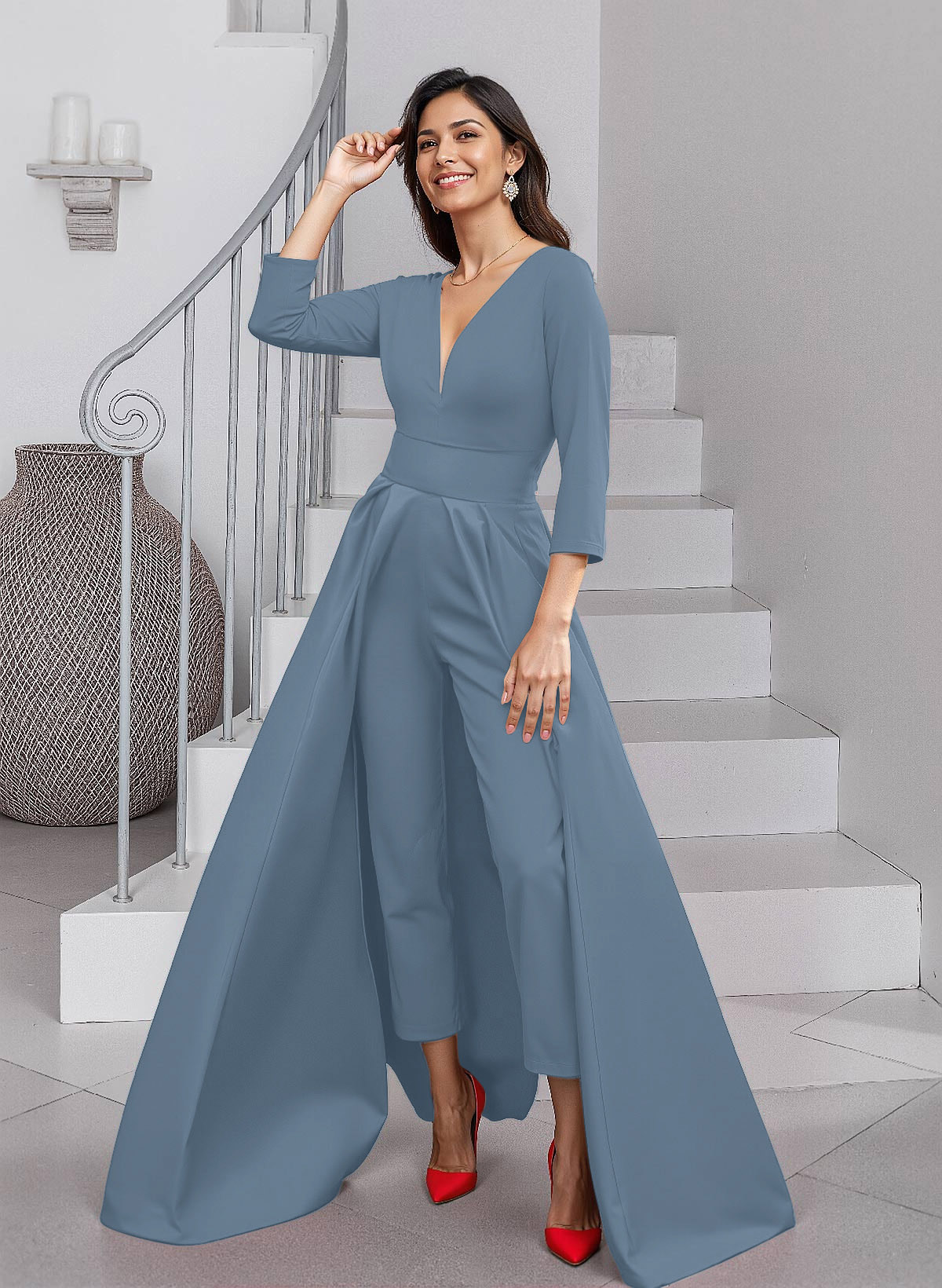 Unique V-Neck Overskirt Ankle-Length Crepe Chiffon Mother Of The Bride Dresses